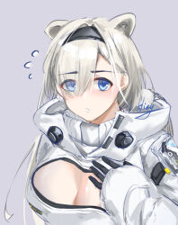 Rule 34 | 1girl, animal ears, arknights, aurora (arknights), bear ears, black gloves, black hairband, blue eyes, blush, breasts, cleavage, cleavage cutout, clothing cutout, commentary request, flying sweatdrops, gloves, grey background, hairband, hiey, highres, jacket, large breasts, long hair, long sleeves, looking at viewer, parted lips, simple background, solo, upper body, very long hair, white hair, white jacket