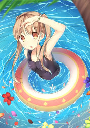 Rule 34 | 1girl, :o, amemiya ruki, arm up, bare arms, blonde hair, flower, highres, innertube, long hair, looking at viewer, one-piece swimsuit, open mouth, original, partially submerged, petals, school swimsuit, solo, swim ring, swimsuit, tree, twintails, wading, water, wristband, yellow eyes