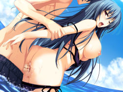 Rule 34 | 1girl, akatsuki no goei, bikini, bikini pull, blood, blue hair, breasts, censored, clothes pull, day, defloration, doggystyle, game cg, hetero, kanzaki moe, large breasts, long hair, mosaic censoring, nipples, open mouth, penis, pussy, sex, sex from behind, solo focus, swimsuit, tomose shunsaku, vaginal, wading, water