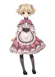 Rule 34 | 10s, 1girl, apron, black pantyhose, blonde hair, capelet, dress, full body, hair ribbon, light smile, maid, maid apron, maid imouto (maoyuu), maoyuu maou yuusha, mary janes, matsuryuu, pantyhose, ribbon, shoes, short twintails, simple background, solo, standing, twintails, white background