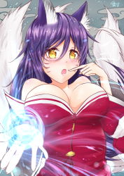 Rule 34 | 1girl, absurdres, ahri (league of legends), alternate hair color, animal ears, bare shoulders, black hair, blush, breasts, cleavage, detached sleeves, energy ball, facial mark, fox ears, fox tail, highres, korean clothes, large breasts, league of legends, long hair, low neckline, multiple tails, open mouth, slit pupils, solo, tail, whisker markings, yellow eyes