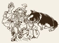 Rule 34 | 1boy, @ @, artist name, border collie, cropped torso, diggers (reverse:1999), dog, drooling, from above, glasses, hippie, jacket, jewelry, lineart, long hair, lying, male focus, monochrome, mouth drool, necklace, novelty glasses, on back, open mouth, peace symbol, pickles (reverse:1999), reverse:1999, sakita pani, shirt, signature, square mouth, squiggle, upper body, yellow background