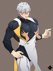 Rule 34 | 2boys, bara, black bodysuit, blush, bodysuit, boots, closed eyes, command spell, covered abs, fate/grand order, fate (series), grabbing, groping, hands on another&#039;s chest, highres, knee boots, large pectorals, male focus, multiple boys, muscular, muscular male, open mouth, pectoral grab, pectoral press, pectorals, percival (fate), short hair, solo, standplay, textless version, white hair, yaoi