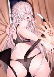 Rule 34 | 1girl, ahoge, animal ears, ass, black bra, black panties, blush, bra, breasts, cat ears, cat tail, command spell, commentary, cowboy shot, curtain grab, curtains, fate/apocrypha, fate/stay night, fate (series), highres, jeanne d&#039;arc (fate), jeanne d&#039;arc alter (avenger) (fate), jeanne d&#039;arc alter (fate), large breasts, looking at viewer, mairudo (mildcoffee1117), night, open mouth, panties, pov, short hair, silver hair, solo, solo focus, tail, underwear, underwear only, v-shaped eyebrows, window, yellow eyes