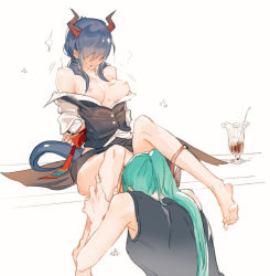 Rule 34 | 2girls, aqua hair, arknights, arms behind back, back, bare shoulders, barefoot, blue hair, blush, bound, bound arms, breasts, ch&#039;en (arknights), cup, dragon horns, dragon tail, drinking glass, female focus, hair over eyes, highres, horns, hoshiguma (arknights), implied cunnilingus, low twintails, multiple girls, nipples, off shoulder, open mouth, panties, panties around leg, ponytail, red panties, sitting, skirt, sleeveless, tail, twintails, underwear, uniform, yichuan, yuri