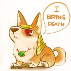 Rule 34 | :&lt;, animal focus, dog, english text, headgear, inkinesss, jewelry, league of legends, lowres, nasus, nasus (dog), necklace, no humans, red eyes, welsh corgi