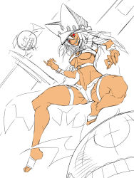 Rule 34 | 1girl, belt bra, breasts, cape, dark-skinned female, dark skin, familiar, full body, grin, guilty gear, guilty gear xrd, hat, highres, jin (mugenjin), long hair, navel, partially colored, ramlethal valentine, red eyes, sharp teeth, short shorts, shorts, simple background, smile, solo, teeth, underboob, unfinished, white background