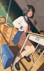 Rule 34 | 2girls, :d, bag, black eyes, black footwear, black hair, blue sailor collar, blue skirt, blue socks, bob cut, book, chair, chalkboard, classroom, clothes lift, commentary request, highres, indoors, lifted by self, loafers, long sleeves, looking at another, looking to the side, mottsun (i 40y), multiple girls, navel, neckerchief, open mouth, original, panties, polka dot, polka dot panties, ponytail, red neckerchief, sailor collar, school bag, school chair, school uniform, serafuku, shadow, shoes, short hair, sitting, skirt, skirt lift, smile, socks, solo focus, underwear, white panties, winter uniform