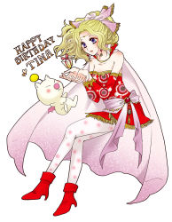 Rule 34 | 1girl, bare shoulders, blonde hair, blue eyes, bow, breasts, cape, capelet, cloak, commentary request, detached sleeves, dress, earrings, elbow gloves, final fantasy, final fantasy vi, gloves, graphite (medium), hair ribbon, jewelry, long hair, moogle, pantyhose, ponytail, ribbon, tina branford, traditional media