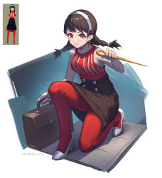 Rule 34 | 1girl, absurdres, alternate costume, alternate hairstyle, artist name, bare arms, bare shoulders, black skirt, blouse, braid, briefcase, buttons, earrings, full body, hairband, hand up, high heels, highres, holding, holding briefcase, holding weapon, jewelry, looking at viewer, meinoss, on one knee, pantyhose, pencil skirt, red eyes, red shirt, reference inset, reverse grip, shirt, skirt, sleeveless, sleeveless shirt, smile, solo, spy x family, twin braids, twintails, weapon, white background, white footwear, yor briar
