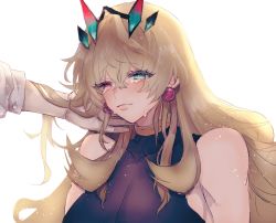 Rule 34 | 1girl, bare shoulders, black dress, blonde hair, blue eyes, blush, breasts, dress, earrings, barghest (fate), barghest (second ascension) (fate), fate/grand order, fate (series), heterochromia, highres, horns, jewelry, large breasts, long hair, red eyes, smile, solo focus, tears, touwa