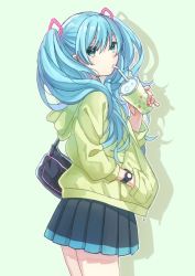 Rule 34 | 1girl, aqua eyes, aqua hair, bag, black skirt, cup, disposable cup, drinking, drinking straw, green background, green jacket, hair ornament, hand in pocket, hatsune miku, hood, hood down, hooded jacket, jacket, long hair, long sleeves, mitsuyo (mituyo324), pleated skirt, shadow, shoulder bag, simple background, skirt, solo, twintails, vocaloid, watch, wristwatch