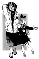 Rule 34 | 1boy, 1girl, absurdres, anko (himukai yuuji), bow, closed eyes, dress, full body, glasses, greyscale, hair bow, highres, himukai yuuji, holding another&#039;s arm, hood, hoodie, loafers, monochrome, neckerchief, original, sailor dress, shoes, shorts, smile, sneakers, yawning