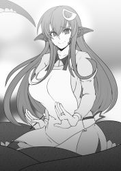 Rule 34 | 1girl, 2018, apron, breasts, commentary, elakan, greyscale, hair between eyes, hair ornament, hairclip, highres, jewelry, lamia, lap pillow invitation, large breasts, long hair, looking at viewer, miia (monster musume), mimikaki, monochrome, monster girl, monster musume no iru nichijou, pointy ears, ring, scales, slit pupils, smile, snake tail, solo, tail, very long hair, wedding band