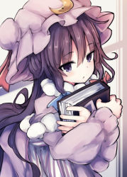Rule 34 | 1girl, :o, beni shake, blue bow, book, hugging book, bow, capelet, crescent, dress, hair bow, hat, holding, holding book, hugging object, long hair, long sleeves, looking at viewer, mob cap, patchouli knowledge, purple eyes, purple hair, red bow, solo, striped clothes, striped dress, touhou, upper body, wide sleeves