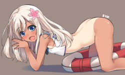 Rule 34 | 10s, 1girl, :d, all fours, arched back, ass, blonde hair, blue eyes, blush, bottomless, character name, crop top, flower, green background, hair flower, hair ornament, kantai collection, lifebuoy, long hair, looking at viewer, one-piece tan, open mouth, raiou, ro-500 (kancolle), school uniform, serafuku, simple background, smile, solo, swim ring, tan, tanline, tareme, thighs, tongue, torpedo