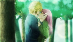 Rule 34 | 1boy, 1girl, holding another&#039;s arm, bad id, bad pixiv id, blonde hair, couple, closed eyes, forest, hand on another&#039;s face, height difference, hetero, highres, holding own arm, kokorosai, long hair, nature, original, purple hair, red hair, short hair, smile, sweater, tree