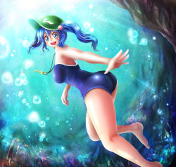 Rule 34 | 1girl, :d, ass, back, bad id, bad pixiv id, bare legs, bare shoulders, barefoot, blue eyes, blue hair, blush, breasts, bubble, cabbie hat, competition school swimsuit, coral reef, fish, floating hair, freediving, hair bobbles, hair ornament, hat, kawashiro nitori, key, landscape, large breasts, light rays, light trail, looking back, matching hair/eyes, nature, one-piece swimsuit, open mouth, outstretched arm, reaching, satoji (ochanomkmskry), scenery, school swimsuit, shiny clothes, short hair, smile, solo, submerged, sunbeam, sunlight, swimming, swimsuit, touhou, two side up, underwater, wet, wet clothes