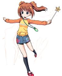 Rule 34 | 00s, 1girl, blue eyes, brown hair, green eyes, idolmaster, idolmaster (classic), idolmaster 1, kneehighs, oekaki, outstretched arms, pencil skirt, raglan sleeves, red hair, skirt, socks, solo, spread arms, takatsuki yayoi, takayaki, twintails, wand