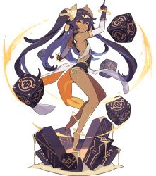 Rule 34 | 1girl, anklet, arm up, artist request, bangle, bare shoulders, barefoot, black leotard, bracelet, crossed bangs, cube, dark-skinned female, dark skin, eye print, female focus, flat chest, floating, floating object, from side, full body, gloves, gold, hair ornament, highres, index finger raised, jewelry, layered gloves, leotard, long hair, looking at viewer, nephtim (world flipper), non-web source, official art, open mouth, orange eyes, pelvic curtain, purple gloves, purple hair, see-through, shiny skin, sidelocks, simple background, solo, transparent background, two side up, very long hair, white gloves, world flipper