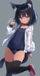 Rule 34 | 1girl, :3, animal ear fluff, animal ears, arm up, black hair, black thighhighs, blue eyes, blue one-piece swimsuit, breasts, cat ears, cat girl, cat tail, collar, covered navel, dark skin, gluteal fold, grey background, highres, jacket, leg up, looking at viewer, no pants, old school swimsuit, one-piece swimsuit, original, paw pose, red footwear, school swimsuit, sese nagi, shoes, short hair, simple background, small breasts, smile, solo, standing, swimsuit, swimsuit under clothes, tail, thighhighs, thighs, white jacket