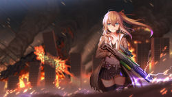 Rule 34 | 1girl, assault rifle, belt, black thighhighs, blonde hair, blue eyes, blush, breasts, brown coat, cityscape, cleavage, cloud, cloudy sky, coat, collared shirt, destruction, dust, explosion, fire, floating hair, girls&#039; frontline, gloves, grey skirt, grin, gun, hair between eyes, hair ornament, hair ribbon, headset, holding, holding gun, holding weapon, kalina (girls&#039; frontline), lightning, long hair, looking at viewer, medium breasts, night, open clothes, open coat, open mouth, orange hair, pleated skirt, ribbon, rifle, ruins, shirt, side ponytail, skirt, sky, smile, solo, thighhighs, torn clothes, torn coat, trigger discipline, untucked shirt, walking, weapon, white shirt, wind, zi ye (hbptcsg2)