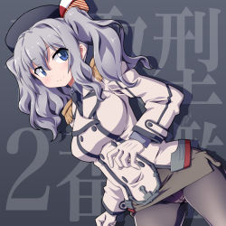 Rule 34 | 1girl, 547th sy, text background, black necktie, black pantyhose, blue eyes, breasts, collared shirt, commentary request, cosplay, cowboy shot, epaulettes, frilled sleeves, frills, gloves, grey background, highres, jacket, kantai collection, kashima (kancolle), katori (kancolle), katori (kancolle) (cosplay), large breasts, long sleeves, military, military jacket, military uniform, necktie, panties, panties under pantyhose, pantyhose, pantyshot, pencil skirt, shirt, sidelocks, silver hair, skirt, solo, twintails, underwear, uniform, wavy hair, white gloves, white jacket