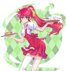 Rule 34 | 1girl, anna miller, back bow, bow, butter, commentary request, cup, earrings, food, frilled shirt, frills, green eyes, iesupa, jewelry, pancake, ponytail, pyrrha nikos, red hair, rwby, shirt, solo, syrup, teacup, thighhighs, tray, waitress, white thighhighs