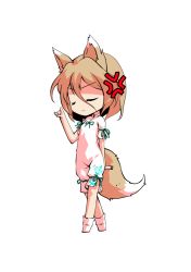Rule 34 | 1girl, anger vein, angry, animal ears, blonde hair, bow, breasts, chibi, closed eyes, closed mouth, dairi, fox ears, fox tail, full body, green bow, hair between eyes, hand up, jumpsuit, kudamaki tsukasa, short hair, short sleeves, simple background, small breasts, socks, solo, standing, tachi-e, tail, test tube, touhou, transparent background, white background, white jumpsuit, white sleeves, white socks