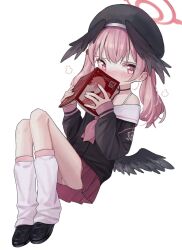 Rule 34 | 1girl, beret, black footwear, black hat, black shirt, black wings, blue archive, blush, book, bra strap, covering own mouth, feathered wings, halo, hat, head wings, highres, holding, holding book, knees up, koharu (blue archive), loafers, long hair, long sleeves, looking at viewer, loose socks, low wings, miniskirt, neckerchief, neko yeye, nose blush, off shoulder, panties, pantyshot, pink eyes, pink hair, pink halo, pink neckerchief, pink skirt, pleated skirt, pornography, sailor collar, sailor shirt, shirt, shoes, simple background, single bare shoulder, sitting, skirt, sleeves past wrists, socks, solo, twintails, underwear, white background, white panties, white sailor collar, white socks, wings