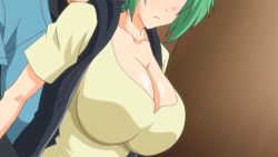 Rule 34 | 10s, 1girl, aiba matsuri, animated, animated gif, assisted exposure, blush, bouncing breasts, breast press, breasts, cleavage, dutch angle, green hair, huge breasts, indoors, male hand, nipples, no bra, open mouth, oppai heart, undressing