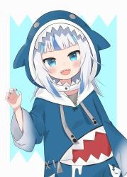 Rule 34 | 1girl, :d, animal costume, animal hood, arm at side, blue background, blue eyes, blue hair, blue hoodie, blue nails, blunt bangs, blush, claw pose, commentary, gawr gura, gawr gura (1st costume), hand up, highres, hololive, hololive english, hood, hood up, hoodie, ixia (ixia424), looking at viewer, medium hair, multicolored hair, nail polish, open mouth, shark costume, shark hood, sharp teeth, silver hair, smile, solo, streaked hair, teeth, two-tone background, two side up, upper body, upper teeth only, virtual youtuber, white background, wide sleeves