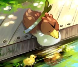 Rule 34 | absurdres, bird, closed eyes, creatures (company), duck, duckling, farfetch&#039;d, game freak, gen 1 pokemon, highres, moss, nintendo, no humans, outdoors, pokemon, pokemon (creature), pokemon rgby, reflection, ropang, sitting, sleeping, spring onion, water