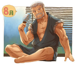 Rule 34 | 1boy, abs, bara, barefoot, beard, brown eyes, facial hair, full body, grey hair, hair slicked back, hand fan, holding, holding fan, indoors, japanese clothes, kimono, male focus, muscular, muscular male, old, old man, original, pectorals, shuichi (torieda), sitting, solo, thick eyebrows, torieda
