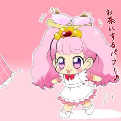 Rule 34 | 1girl, apron, chibi, go! princess precure, haruno haruka, hinata (artist), hinata (laby spe), personification, pink hair, precure, puff (go! princess precure), puff (go! princess precure) (human), solo