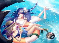 Rule 34 | 2girls, anklet, barefoot, blonde hair, blue eyes, blue hair, blush, braid, briar rose (sinoalice), bubble, bucket, cetus kkk, clam, closed mouth, collaboration, drink, drinking straw, english text, feet, fins, frown, hair ornament, hair ribbon, hairclip, hat, highres, holding, holding drink, innertube, jewelry, legs, looking at viewer, low ponytail, multiple girls, nagi (nightmare-cat), ningyo hime (sinoalice), ribbon, school swimsuit, seaweed, short hair, sidelocks, sinoalice, starfish, straw hat, swim ring, swimming, swimsuit, twintails, water, wet