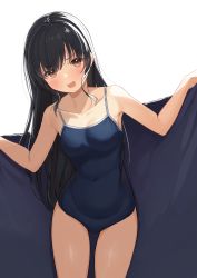 Rule 34 | 1girl, black hair, blue one-piece swimsuit, blush, breasts, brown eyes, cleavage, collarbone, covered navel, cowboy shot, highres, long hair, looking at viewer, medium breasts, new school swimsuit, one-piece swimsuit, open mouth, original, school swimsuit, shiny skin, shochiku, simple background, solo, standing, straight hair, swimsuit, thigh gap, very long hair, white background