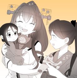 Rule 34 | 3girls, aircraft, baby, breasts, closed eyes, detached sleeves, glasses, hair between eyes, hair ribbon, headgear, highres, holding, holding baby, houshou (kancolle), japanese clothes, kantai collection, long hair, mizoki kei, monochrome, multiple girls, open mouth, ponytail, ribbon, shinano (kancolle), simple background, upper body, yamato (kancolle)