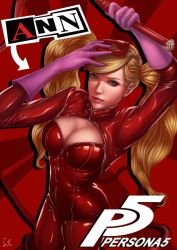 Rule 34 | 10s, 1girl, blonde hair, blue eyes, bodysuit, gloves, latex, long hair, persona, persona 5, raphire, realistic, solo, takamaki anne, twintails