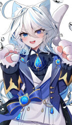 Rule 34 | 1girl, absurdres, animal ear fluff, animal ears, animal hands, ascot, black ascot, blue brooch, blue gemstone, blue hair, blue jacket, blush, cat ears, cat paws, drop-shaped pupils, furina (genshin impact), gem, genshin impact, gloves, heterochromia, highres, jacket, light blue hair, mismatched pupils, paw gloves, smile, solo, symbol-shaped pupils, teeth, upper teeth only, water, white background, yunomi (1126js03cono)