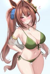 Rule 34 | 1girl, animal ears, bare shoulders, bead necklace, beads, bikini, blush, bow, breasts, brown hair, cleavage, collarbone, commission, daiwa scarlet (umamusume), green bikini, green bow, hair bow, hair intakes, halterneck, hands on own hips, highres, horse ears, horse girl, horse tail, jewelry, kibihimi, large breasts, long hair, looking at viewer, navel, necklace, red eyes, skeb commission, sketch, solo, swimsuit, tail, thighs, twintails, umamusume, very long hair, white background