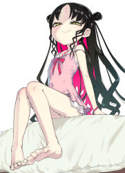 Rule 34 | 1girl, aged down, ass, babydoll, bare shoulders, black hair, bracelet, covered erect nipples, covered navel, double bun, fate/grand order, fate (series), hair bun, half-closed eyes, jewelry, long hair, looking at viewer, off shoulder, one-piece swimsuit, pink babydoll, pink hair, sessyoin kiara, sessyoin kiara (lily), smile, solo, solopipb, swimsuit, yellow eyes
