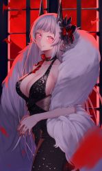 Rule 34 | 1girl, azur lane, bare shoulders, bat (animal), black choker, black dress, blunt bangs, bow, breasts, choker, cleavage, collarbone, cowboy shot, dress, full moon, fur shawl, grey hair, hair bow, highres, horns, large breasts, long hair, looking at viewer, moon, nail polish, neck ribbon, own hands together, parted lips, petals, pink eyes, red bow, red moon, red nails, red ribbon, ribbon, shawl, sleeveless, sleeveless dress, smile, solo, very long hair, window, yorck (azur lane), yorck (breaker under the blood moon) (azur lane), yorugami rei