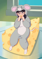 Rule 34 | 1girl, absurdres, animal costume, animal hood, aragon honnin, black hair, blush, cheese, chinese zodiac, commentary request, eating, food, freckles, glasses, highres, holding, holding food, hood, long hair, mini person, minigirl, mouse (animal), mouse costume, mouse hood, mouse tail, onesie, original, plate, sitting, socks, solo, swiss cheese, tail, window, year of the rat