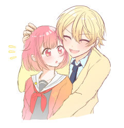 Rule 34 | + +, 1boy, 1girl, blonde hair, blue necktie, cardigan, closed eyes, collared shirt, commentary request, gradient hair, hair between eyes, hand on another&#039;s head, highres, kamiyama high school uniform (project sekai), long sleeves, miyamasuzaka girls&#039; academy school uniform, multicolored hair, neck ribbon, necktie, nenohi (nnh candy), ootori emu, open cardigan, open clothes, open mouth, orange hair, pink cardigan, pink eyes, pink hair, project sekai, red ribbon, ribbon, sailor collar, school uniform, shirt, simple background, tenma tsukasa, white background, yellow cardigan