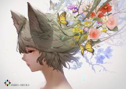 Rule 34 | 1girl, animal ear fluff, animal ears, blue flower, branch, bug, butterfly, closed eyes, flower, glowing, green hair, insect, long hair, mogumo, original, parted lips, petals, pink flower, pink lips, pink rose, profile, purple flower, red flower, rose, solo, upper body, yellow butterfly, yellow flower