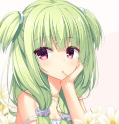 Rule 34 | 1girl, alternate costume, alternate hairstyle, blunt bangs, blush, camisole, cariboy, chinese commentary, close-up, commentary request, expressionless, eyelashes, eyes visible through hair, flower, green hair, hair ornament, hair scrunchie, hand on own cheek, hand on own face, head rest, long hair, looking at viewer, low twintails, mouth hold, murasame (senren), off shoulder, pink background, purple scrunchie, red eyes, scrunchie, senren banka, simple background, solo, stalk in mouth, straight hair, twintails, two-tone background, two side up, white background, white camisole, yellow flower