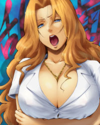 Rule 34 | 1girl, annoyed, between breasts, bleach, blue eyes, breast hold, breasts, chain, cleavage, collarbone, crossed arms, covered erect nipples, hairu, huge breasts, jewelry, long hair, matsumoto rangiku, mole, mole under mouth, necklace, open mouth, orange hair, shirt, solo, tongue, upper body