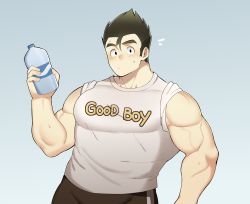 Rule 34 | 1boy, alternate costume, bara, bare arms, bare shoulders, black eyes, black hair, blush, bottle, casual, clothes writing, cowboy shot, dragon ball, dragonball z, english text, facial hair, fujimachine (clayten), highres, large pectorals, looking at viewer, male focus, muscular, aged up, pants, pectorals, short hair, sleeves rolled up, solo, son gohan, spiked hair, sweatdrop, track pants, water bottle