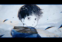 Rule 34 | 1boy, black eyes, black hair, blunt bangs, chromatic aberration, from behind, highres, hood, hood down, kageyama shigeo, leaf, looking at viewer, looking back, mob psycho 100, mong 120, monochrome, parted lips, portrait, short hair, solo, spot color, wind